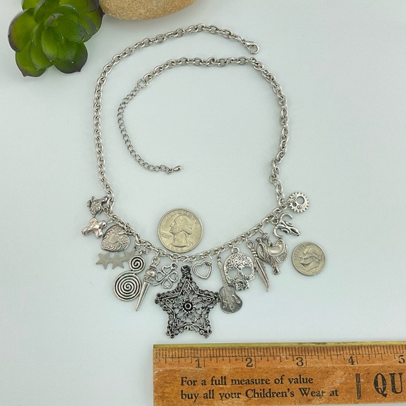 Western Charm Necklace, Handmade, Chunky, Funky, Stars, Skull, Antiqued Silver - Picture 3 of 9